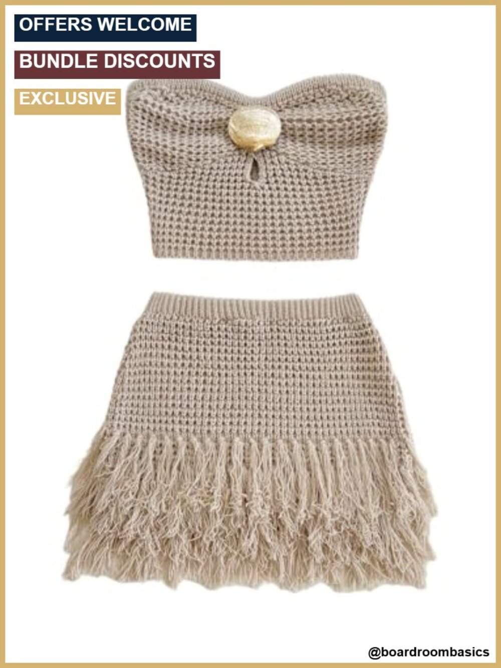 Crochet Knit 2 Piece Skirt Set Strapless Crop Top Fringe Mini Skirt